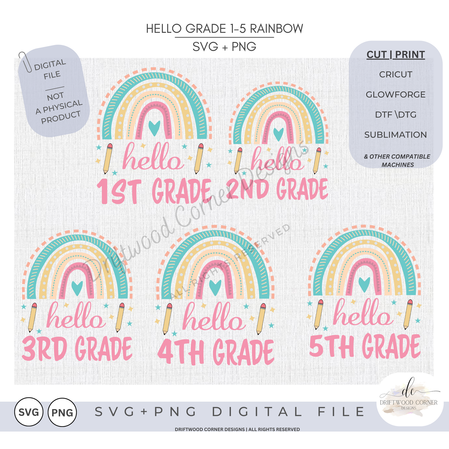 Hello Grades 1-5 Rainbow SVG + PNG Graphic Bundle